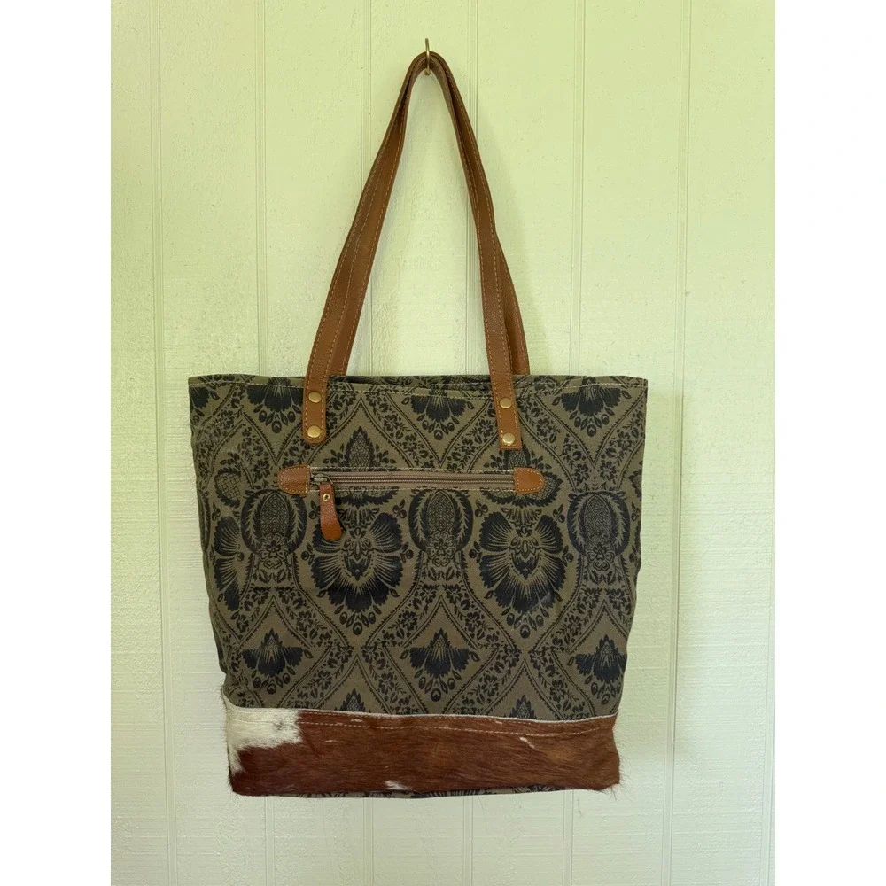 Myra Bag Canvas Damask Print Tote with Cowhide Leather Trim Western Shoulder Bag - Picture 2 of 6